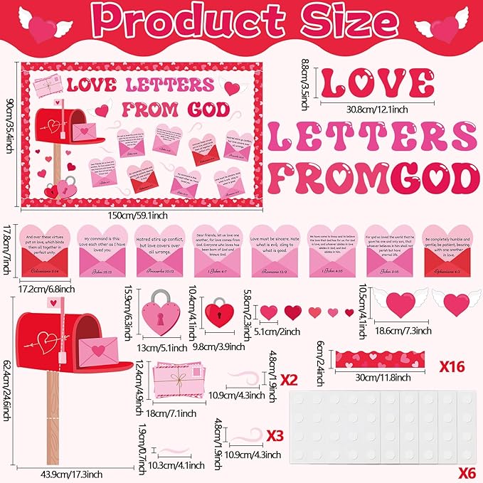Valentine's Day Christian Bulletin Board Set Religious Mailbox Classroom Decor Bible Verse Inspirational Quotes Love Letters Cutouts Heart Bulletin Board Border for Sunday School Church VBS Wall Decor