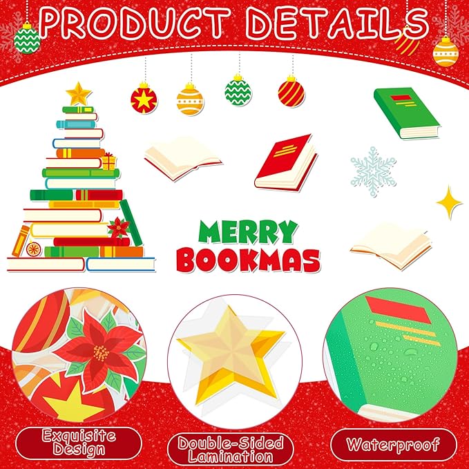 gisgfim Christmas Bulletin Board Decoration Set Christmas Book Tree Paper Cutouts Xmas Classroom Bulletin Board Decor for Xmas Winter Holiday School Door Reading Room Home Wall(Merry Bookmas)