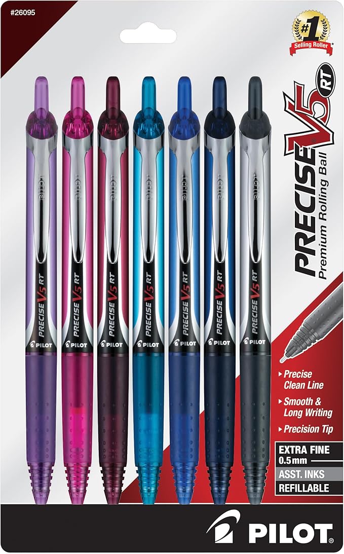 Pilot Precise V5 RT Refillable & Retractable Rolling Ball Pens, Extra Fine Point Pens, 0.5 mm, Assorted, Pack of 7 - Ideal for School, Journaling & Office Writing