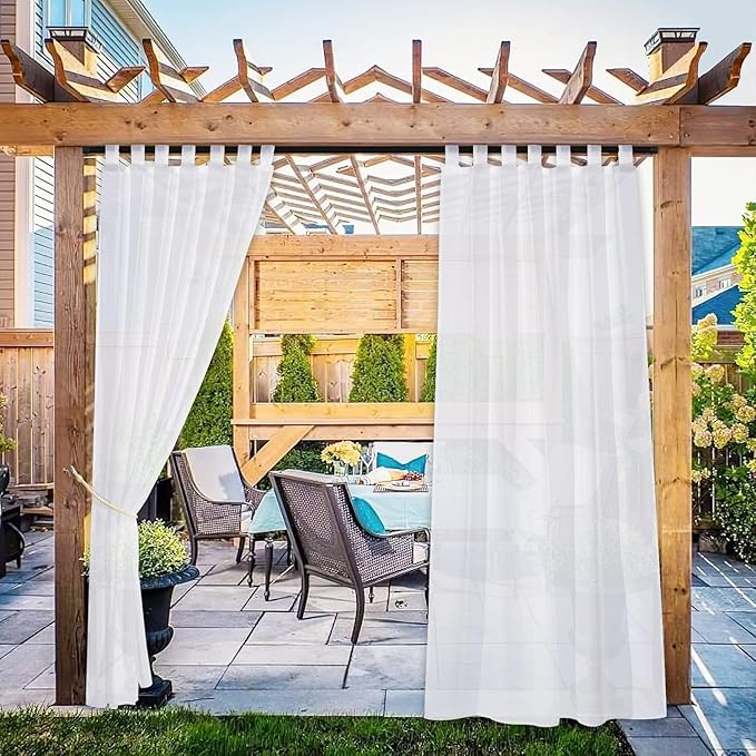 NICETOWN 2 Panels 120" Extra Long White Sheer Outdoor Curtains for Patio Waterproof, Self Sticky Tab Top Voile Sheer Drapes Airy & Breathable, Cabana/Arbor, W54 x L120, White