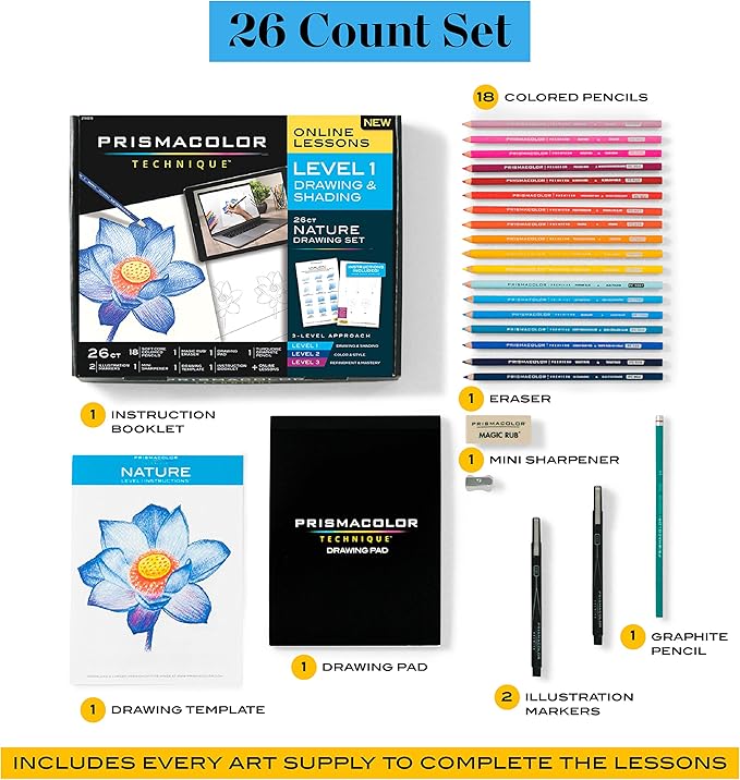 Prismacolor Technique Art Supplies and Digital Art Lessons Nature Drawing Set Level 1 Learn to Draw with Colored Pencils Graphite Pencils and More Flower Drawing 26 Count