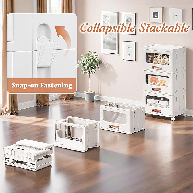 VECELO Storage Cabinet with Drawer, Pull-Out Stackable Bins with Wheels, Waterproof Modular Organizer, Multi-Tier Closet Storage for Bedroom, Living Room & Bathroom, Medium 3-Tier