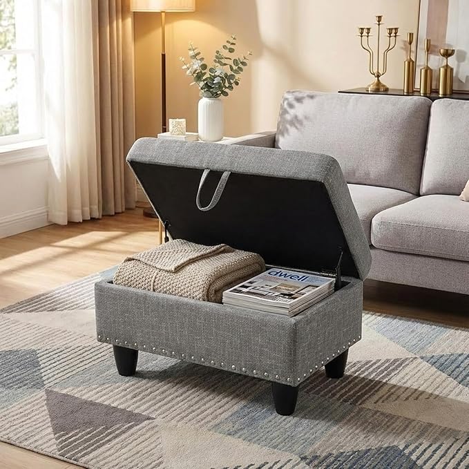 Simple Deluxe Ottoman with Storage Bench Chair, 28.5" L x 19.5" W x 17.5" H Foot Rest Stools with Non-Woven Fabric,Ottoman Storage Chest Box with Padded Seat for Bedroom, Living Room, Entryway,Ash