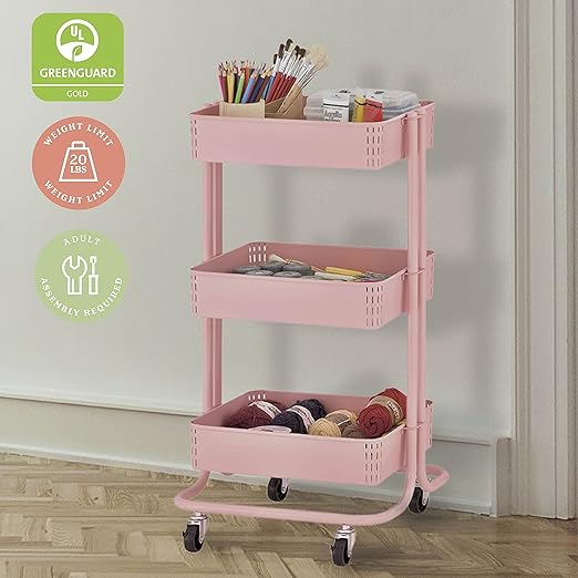 ECR4Kids 3-Tier Metal Rolling Utility Cart, Multipurpose Storage, Pink
