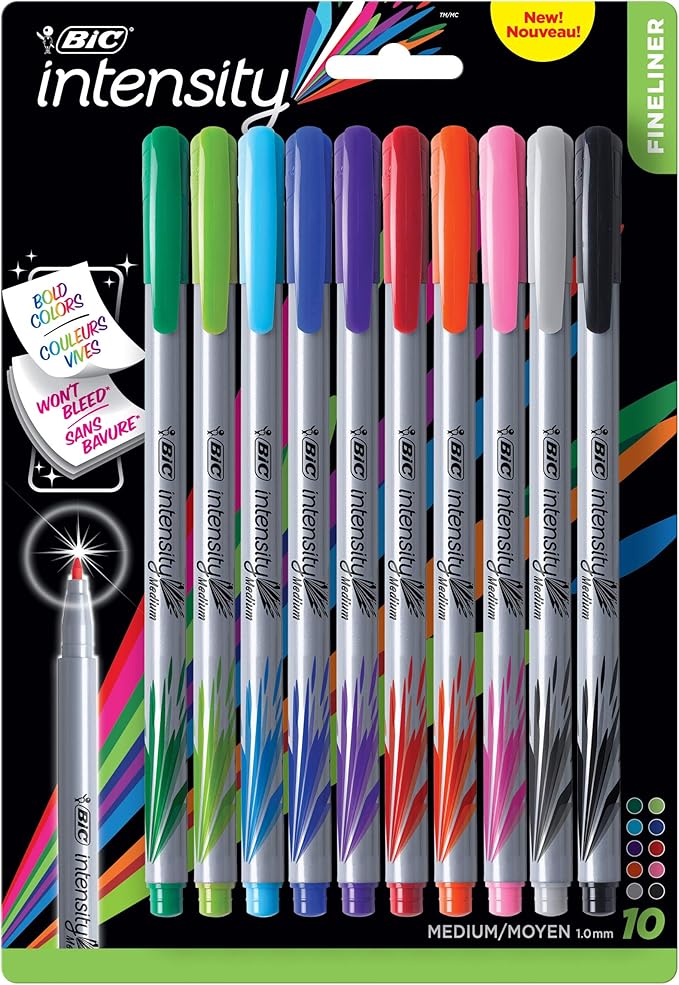 BIC Intensity Fineliner Marker Pens, Medium Point (0.7mm), Assorted Colors, Smooth Application, 10-Count