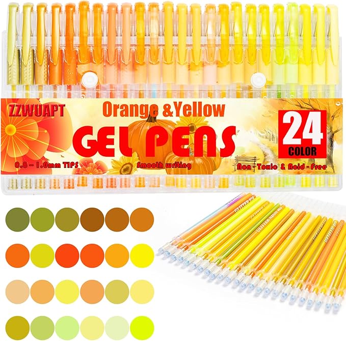 Orange Yellow Gel Pens,72 Color Gel Pens Set including 24 Color Gel Pen with 48 Refills,40% More Ink Colored Gel Pens for Drawing, Doodling, Scrapbook, Journaling