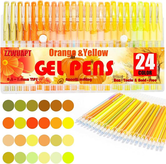 Orange Yellow Gel Pens,72 Color Gel Pens Set including 24 Color Gel Pen with 48 Refills,40% More Ink Colored Gel Pens for Drawing, Doodling, Scrapbook, Journaling