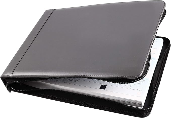 2Fold Zippered Business Checkbook Binder - 7 Ring Binder for Business Checks with Built-in Organizer and Card Case - PU Leather Portfolio for up to 600 3-Up Checks (Gray)