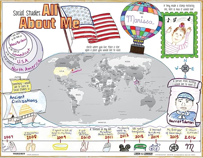Really Good Stuff Ready-to-Decorate Social Studies All About Me Posters, 22" by 17" (Set of 24) - Classroom Decor, Preschool and Elementary Classroom Must Haves, Sit Dots, Teacher Supplies