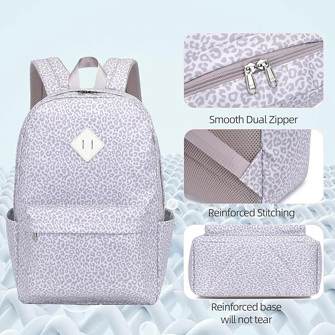 School Backpack for Girls, 3PCS Bookbags Set with Lunch Box Pencil Pouch Elementary Middle School Bag Laptop Back Packs (Purple Leopard)