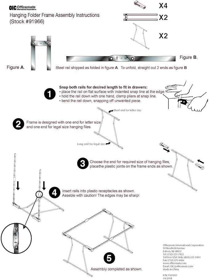 Officemate Universal Hanging File Frame,Letter and Legal Size,Rails 24 to 27,Steel,1 Set (91966),(Pack of 6)