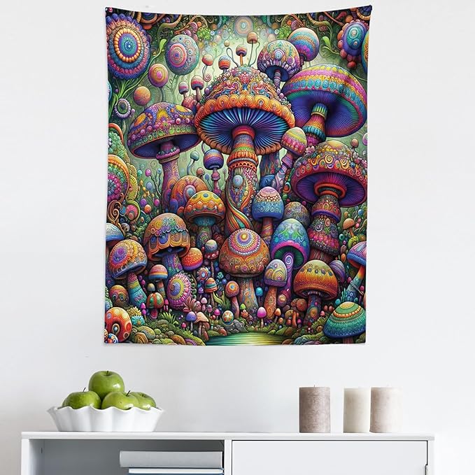 Ambesonne Mushroom Tapestry, Art Trippy Jungle with Colorful Huddles of Oriental Motifs Outer World Psychedelic, Fabric Wall Hanging Decor for Bedroom Living Room Dorm, 23" X 28", Multicolor