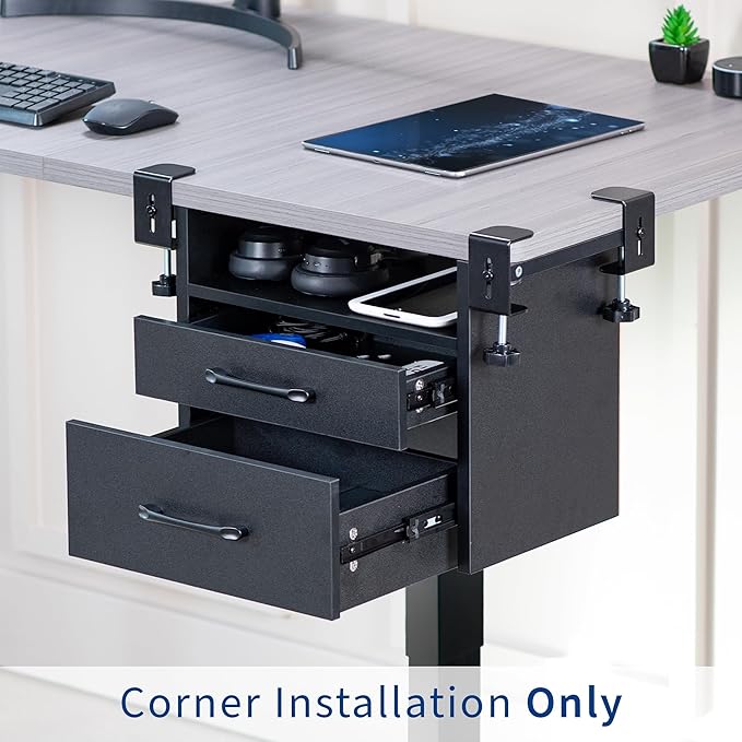 VIVO Corner Clamp-on Under Desk Drawer and Shelf System, Office Accessory Holder for Supplies, Gaming Devices, and More, Multi-Level Storage, Workstation Organizer, Black