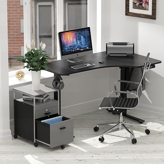 SHW Box File Rolling Mobile Cabinet with Open Shelf and Lockable Drawer, Gray