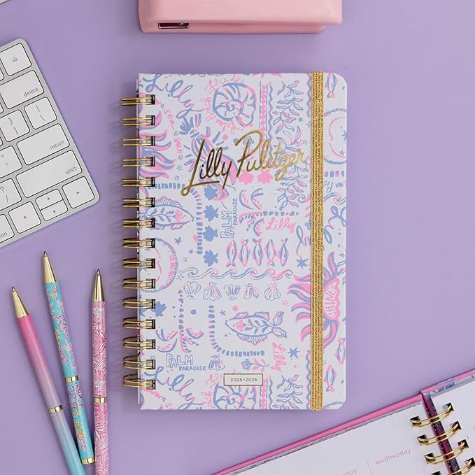 Lilly Pulitzer Medium Planner August 2025 - December 2026, Weekly Agenda & Monthly Calendar, Stickers, Pockets, Spiral Binding, 5" x 8.25" (Tis the Sea Sun)
