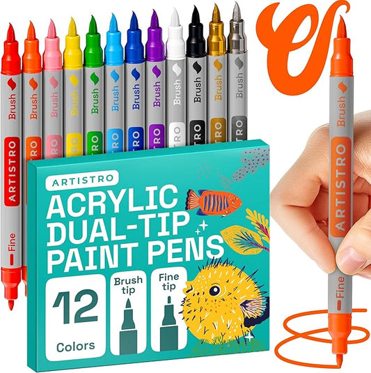 ARTISTRO 12 Acrylic Paint Markers - Paint Pens for Calligraphy, Brush + Fine Tips - For Fabric, Rock, Glass, Wood, DIY, Craft, Canvas - Art and Craft Supplies for Adults, Teens, Kids