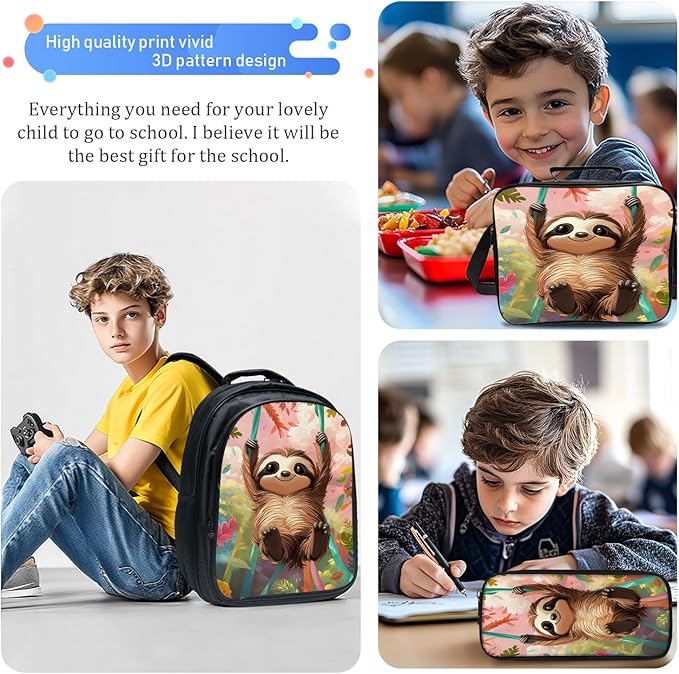 Cute Sloth Backpack Set 3 Piece School Bags and Lunch Box with Pencil Case Sloth Animal Bookbag Set for Toddler Kids Girls Boys Teens Kindergarten Elementary Middle