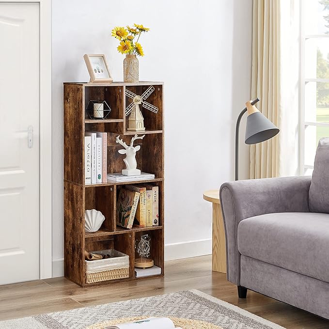 VECELO 42" Modern Bookshelf, 7 Cube Organizer Bookcase,Fits Tallest Hardcovers, Horizontal Available,Floor Standing Display,Easy Assembly,Brown