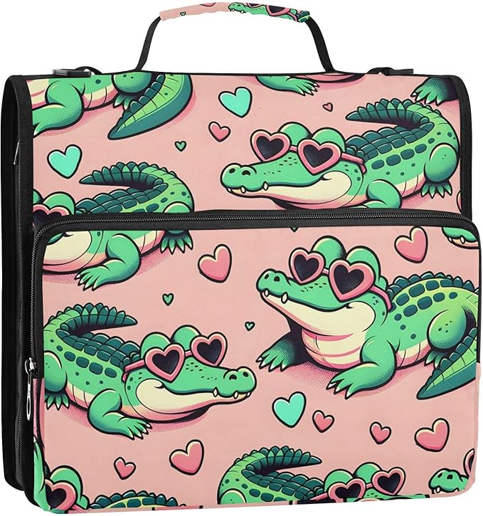 3 Ring Zipper Binder with Shoulder Strap Alligator Crocodiles Pink 1.5 inch Binders Keeper Large Capacity Multi Pockets for School Office Supplies