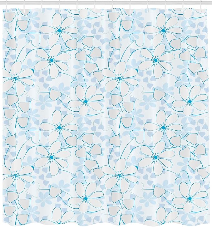 Ambesonne Blue Shower Curtain, Abstract Flowers with Heart Shaped Leaves Romantic Fresh Beauty in Nature, Cloth Fabric Bathroom Decor Set with Hooks, 69" W x 70" L, Pale Blue Aqua White