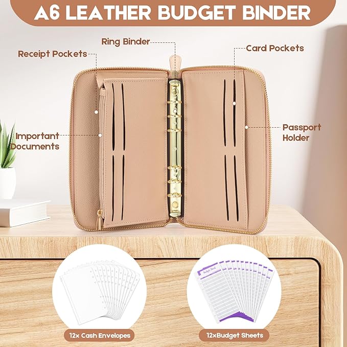 SEEKIND A6 Budget Binder, Money Saving Binder with Zipper Envelopes, PU Leather Wallet Budget Planner,Cash Envelopes and Expense Budget Sheets for Budgeting(Pink)