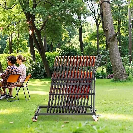 VEVOR Folding Chair Rack, 300 LBS Capacity, L-Shape Vertical Placement Chair Cart for 25 Chairs, Heavy-Duty Metal Chair Storage Dolly with Rubber Wheels, Multi-Function Chair Holder, Matte Black
