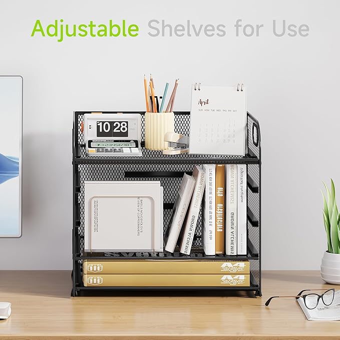 2 Pack 5 Tier Paper Organizer, Letter Tray with Handle, Mesh Desk Organizer, Metal File Organizer, Office Desk Accessories for Home, Office, Classroom, School -Black