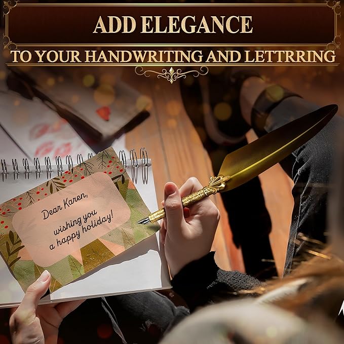 Antique Writing Quill and Ink Set – Stainless Steel Dip Pen Feather Quill Pen and Ink Set with 5 Spare Nibs, Anti-Slip Patterned Grip, Gift-Ready Box with Display Stand – Calligraphy Gift Set (Golden)