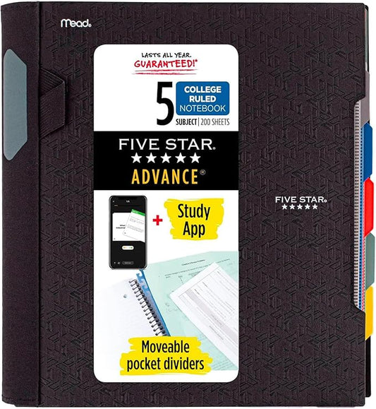Five Star Advance Spiral Notebook + Study App, 5 Subject, College Ruled Paper, 8-1/2" x 11", 200 Sheets, Spiral Guard, Movable Tabbed Dividers, Black (73144) (Pack of 6)