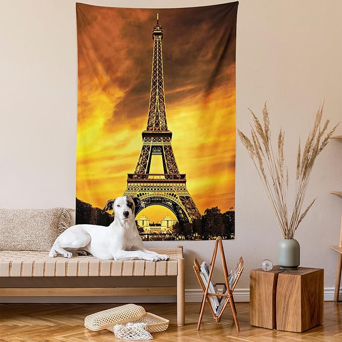 Ambesonne Eiffel Tower Tapestry, Paris Love City Monument in Dramatic Sunrise Picture of French Landmark, Fabric Wall Hanging Decor for Bedroom Living Room Dorm, 23" X 28", Yellow Brown