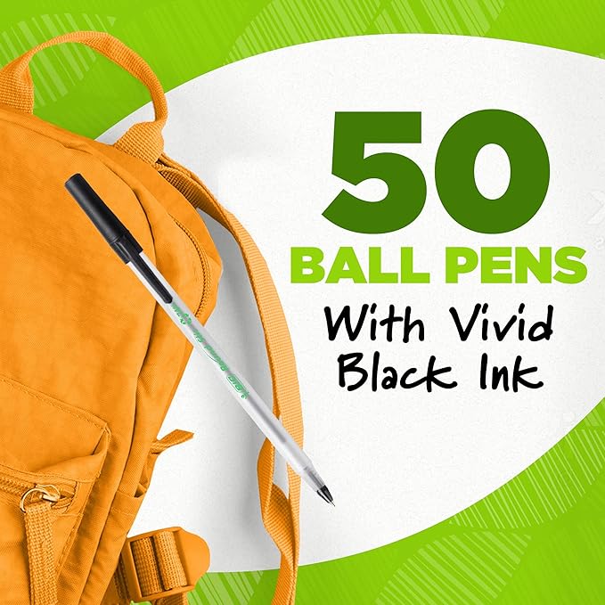 BIC Ecolutions Round Stic Ballpoint Pens, Medium Point (1.0mm), 50-Count Pack, Black Ink Pens Made from 97% Recycled Plastic