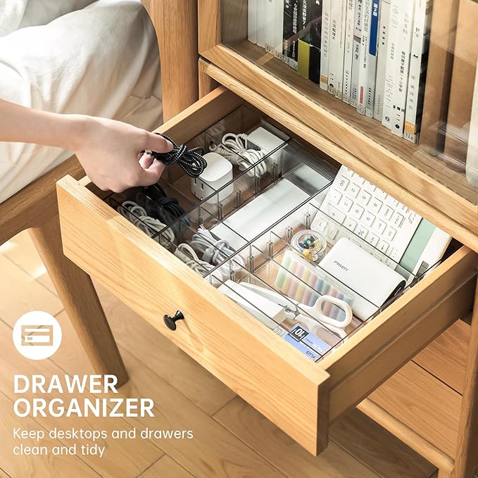 2Pcs Cable Charger Organizer Box, Large Cords Storage Organizer with Adjustable Compartments and Wire Ties, Stackable Cord Organizer for Drawer - Clear