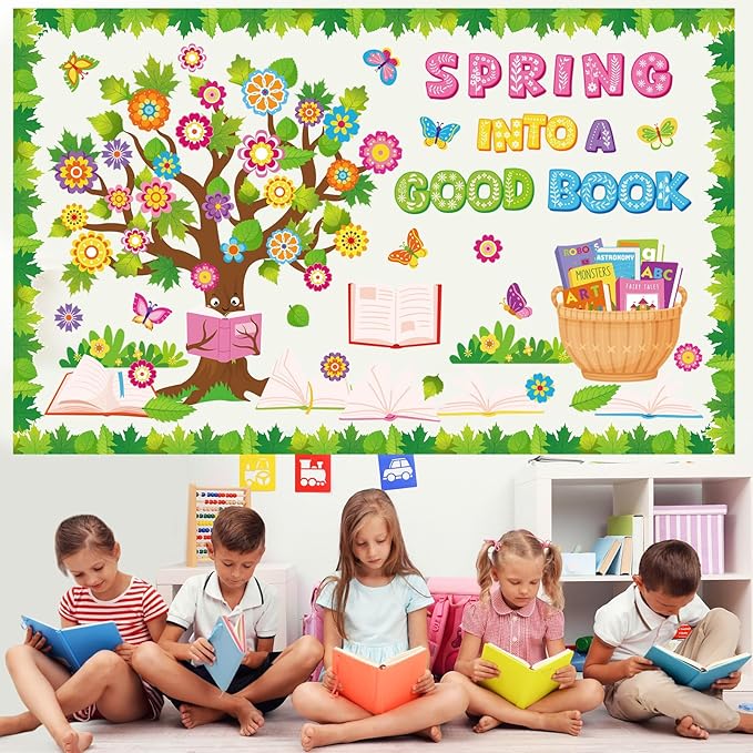 Epakh Spring Flower Reading Tree Bulletin Board Set Spring Into a Good Book Classroom Decorations Butterfly Floral Accent Paper Cutouts for March Library Door Wall Decor Birthday Party Supplies