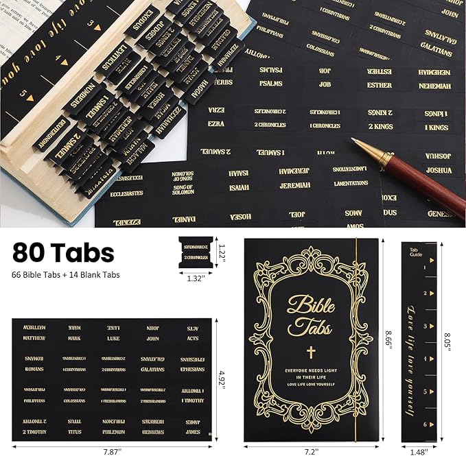 Leather Bible Tabs, Bible Tabs for Women and Men(Gold Foil Lettering) Large Print Stickers, Easy to Read and Apply, 66 Chapters & 14 Blank DIY Labels for Easy Navigation, Christian Accessories(Black)