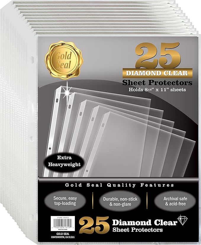 GOLD SEAL 25 Count Diamond Clear Extra Heavyweight Sheet Protectors, 4 mils Strong,8.5 x 11, Top Load, 25 Pack