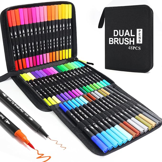 Markers,48 Colors Dual Brush Markers Pens, Double Tip Colored Pen for Adult Coloring Books Art Suppliers for Bullet Journaling, Drawing