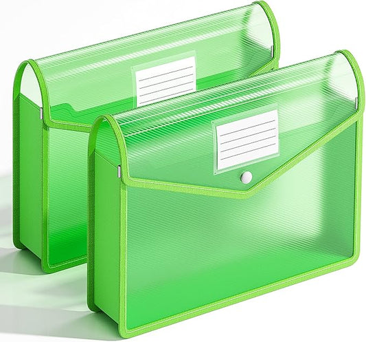 2 Pack Plastic Expanding File Folder, Transparent envelopes with Snap Closure, Fit Letter/A4 Size for School/Office/Home/Hospital, No Dividers, Large Capacity（Green）