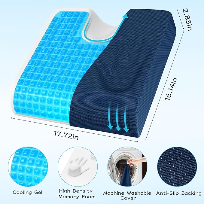 TranquilMoments Seat Cushion, Gel Wheelchair Seat Cushion，Ergonomic Chair Cushions for Office Chairs & Car, Relieve Sciatica, Back and Tailbone Pain, Removable Cover & Non - Slip Bottom, Blue