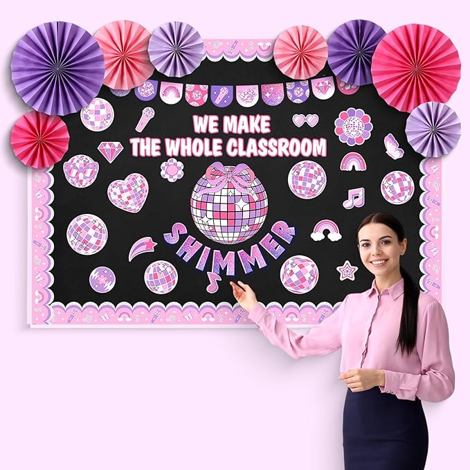 Eersida Spring Bulletin Board Decorations with Paper Fans St Patricks Day 3D Classroom Bulletin Board Christian Easter Flower Bunny Cutouts School VBS Library Church Window Wall Decor(Pink Disco)