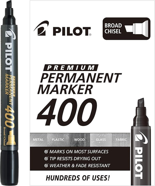 PILOT Premium 400 Permanent Markers, Broad Point Chisel Tip, Black Ink, Box of 12 (SA4-BLK)