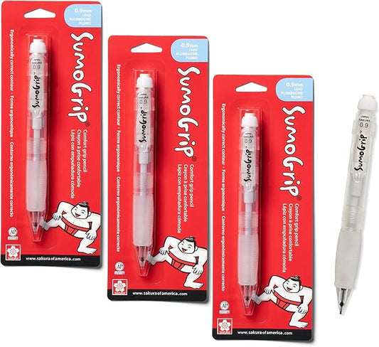 SAKURA SumoGrip Pencil with Comfort Grip - 0.9 mm Ergonomic Mechanical Pencil - Clear - 3 Pack