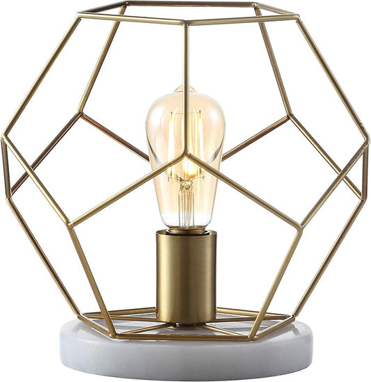 JONATHAN Y 10" Brass Gold Geometric Table Lamp, Midcentury Modern Metal Desk Lamp for Living Room Bedroom, White Marble Base, Glam Bedside Nightstand Light with LED Bulb JYL1047A