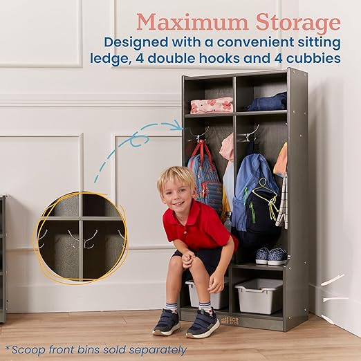 ECR4Kids 2-Section Coat Locker with Bench and Cubby Storage, Classroom Furniture, Grey Wash