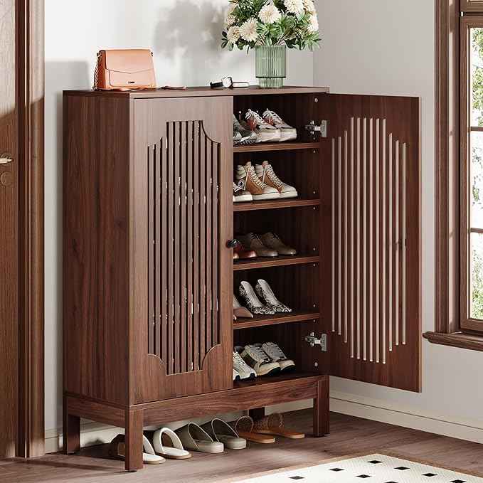 Tribesigns Shoe Cabinet with Doors, 5-Tier Shoe Storage Cabinet with Adjustable Shelves, 20 Pairs Wooden Shoe Rack Organizer, Tall Narrow Shoe Cabinet for Entryway, Hallway, Living Room, Walnut