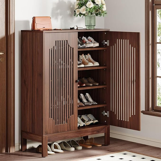 Tribesigns Shoe Cabinet with Doors, 5-Tier Shoe Storage Cabinet with Adjustable Shelves, 20 Pairs Wooden Shoe Rack Organizer, Tall Narrow Shoe Cabinet for Entryway, Hallway, Living Room, Walnut