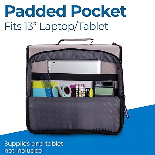 Case-it Universal Zipper Binder | 2-Inch O-Rings, 13-Inch Laptop/Tablet Padded Pocket, 400 Sheet Capacity, Multiple Storage Pockets & Shoulder Strap | School & Office Organizer | LT-007 Warm Gray