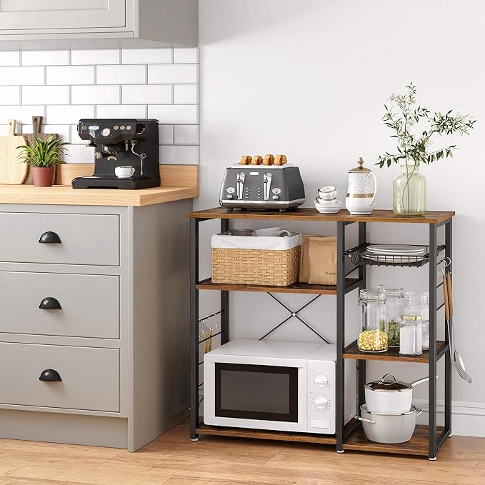 VASAGLE Baker's Rack, Coffee Bar Stand with Charging Station, 33 Inches Tall, Storage Shelves, Pull-Out Wire Basket, Table for Microwave, Kitchen, Rustic Brown and Ink Black UKKS90X