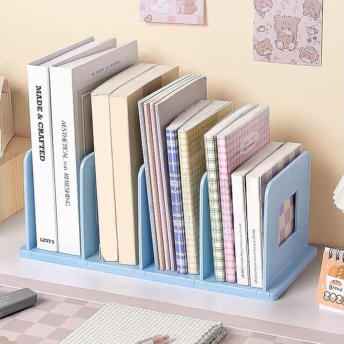 SAYEEC Desk File Sorter Vertical Desktop File Folder Organizer 4 Section Plastic Book Holder Adjustable Shelf Dividers Closet Purse Handbag Mail Binder Organizer Magazine Rack Stand Bookshelf (Blue)