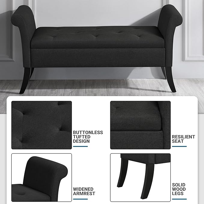 Yaheetech Ottoman with Storage, 52" Storage Ottoman Bench with Safety Hinge, Upholstered Bench with Seating for Bedroom, Living Room, Holds up to 661 lb, Black