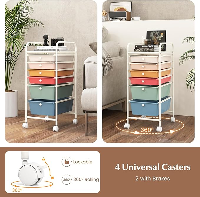 COSTWAY 6-Drawer Rolling Storage Cart, Multifunctional Art Craft Tools Organizer on Wheels, Heavy Duty Utility Mobile Storage Trolley w/ 2 Lockable Wheels for Home Office School, Macaron
